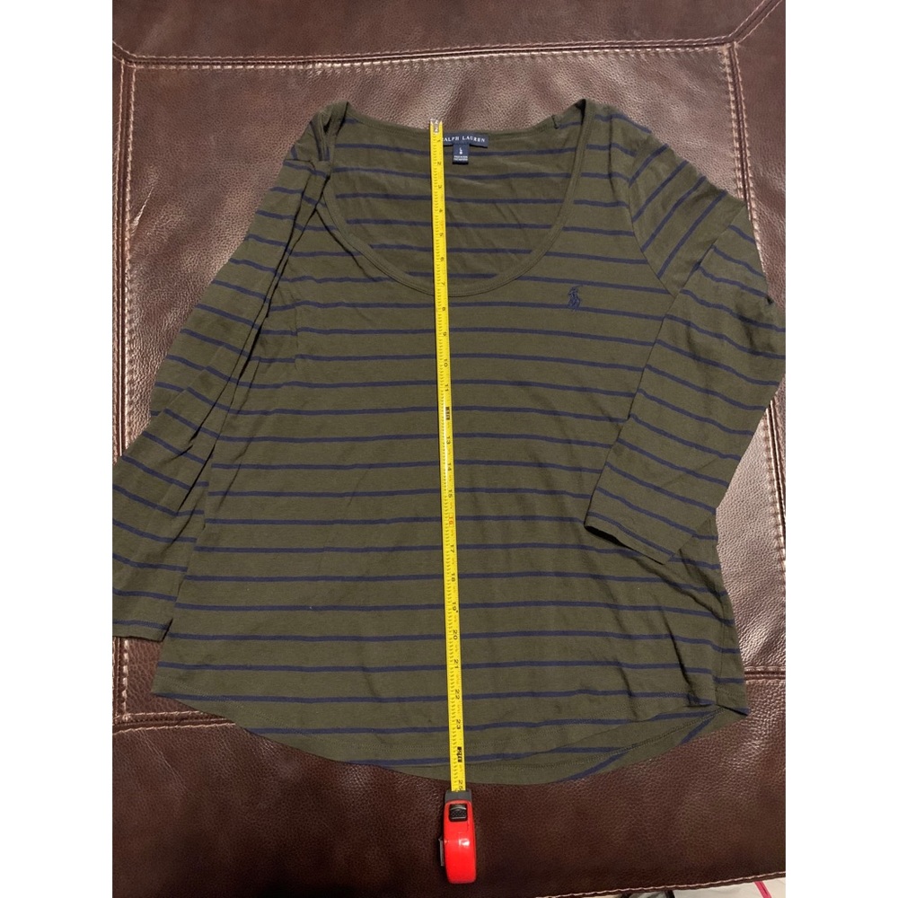 Ralph Lauren Navy Blue & Green striped Scoop Neck top, 3/4 sleeves, Cotton, LG - Picture 6 of 6